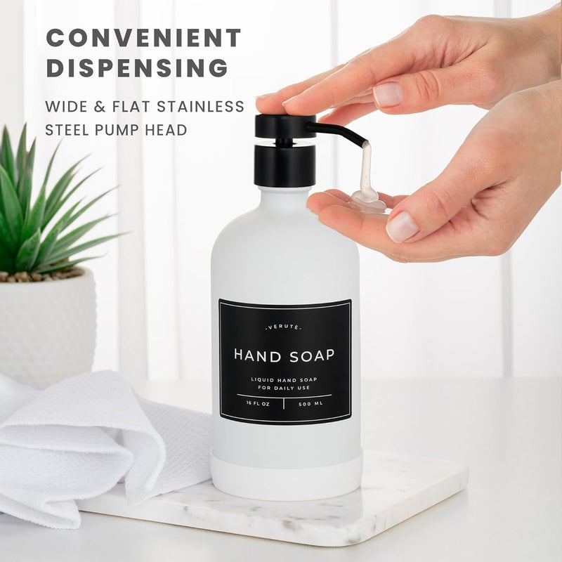 Verute Hand and Dish Soap Dispenser for Kitchen and Bathroom, Set of 2 16 Oz Glass Bottles, Stainless Steel Pumps, Non-Slip Silicone Base, 27 Waterproof Labels (Matte White Bottle/Black Pump) - Image 4